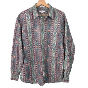 Claiborne Mens Vintage Size Large Cotton Button Down Shirt Geometric Multicolor
